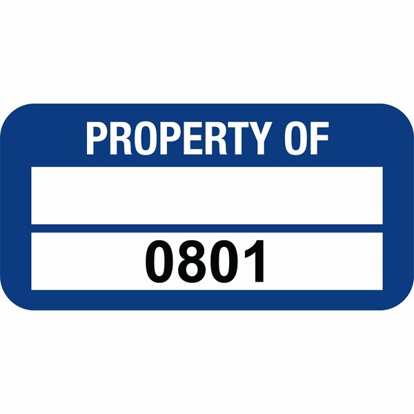 Lustre-Cal PROPERTY OF Label, Polyester Dark Blue 1.50in x 0.75in  1 Blank Pad & Serialized 0801-0900, 100PK 253772Pe2Bd0801